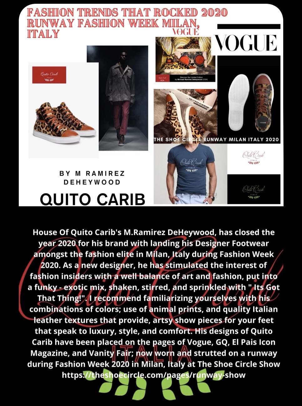 House Of Quito Carib Italian custom crafted shoe featured on Runway at Fashion Week Milan, Italy